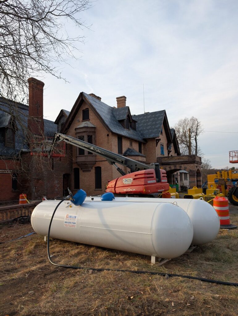 Kimlin Energy propane tank supplying temporary heat during the restoration of Mirbeau Inn and Spa in Beacon, New York